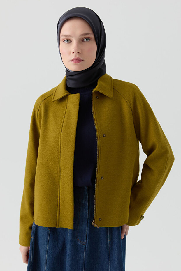 Kol Düğmeli Mini Keçe Ceket - Olive - 1