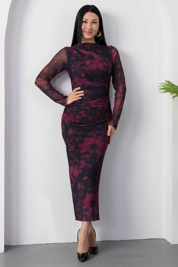 Dik Yaka Uzun Kol Tül Elbise DKS1027 - 6