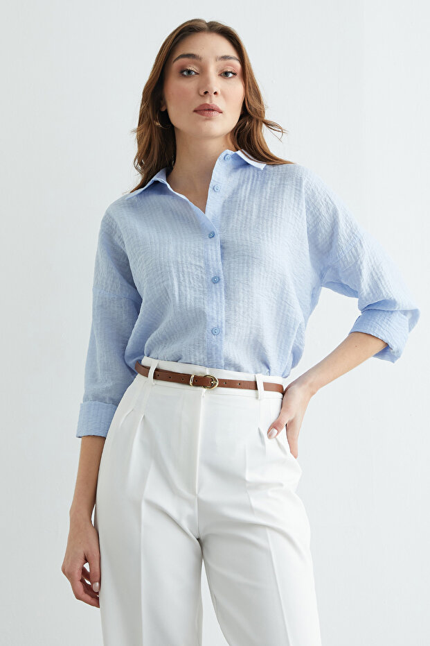 Basic Düğmeli Krinkıl Gömlek - 1