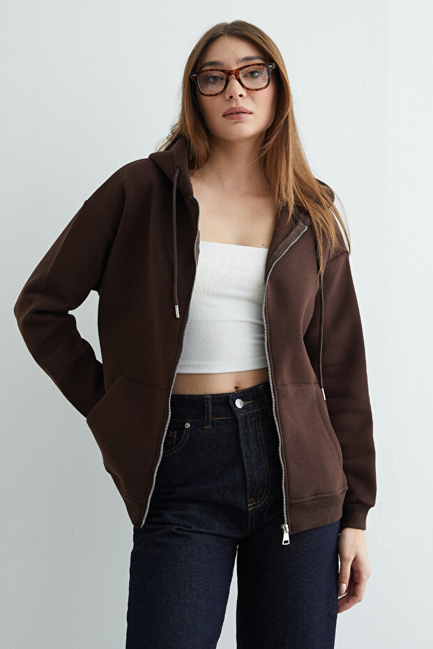 Basic Fermuarlı Kapüşonlu Oversize Sweatshirt - 4
