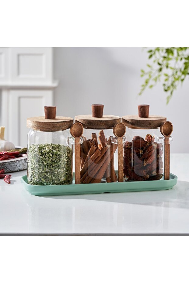 3-Piece Borosilicate Glass Jar Set with Acacia Lid and Spoon 550 ml Flat