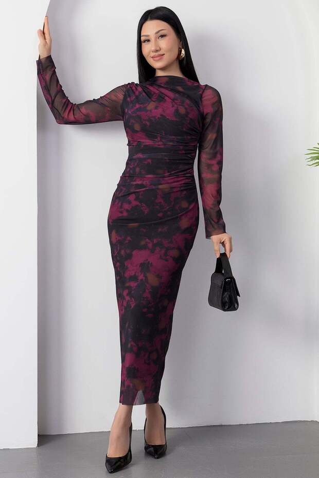 Dik Yaka Uzun Kol Tül Elbise DKS1027 - 1