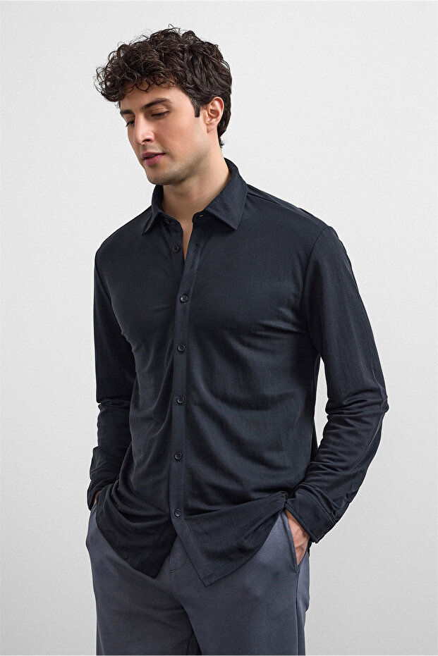 Siyah Regular Fit Örmek Gömlek - 3