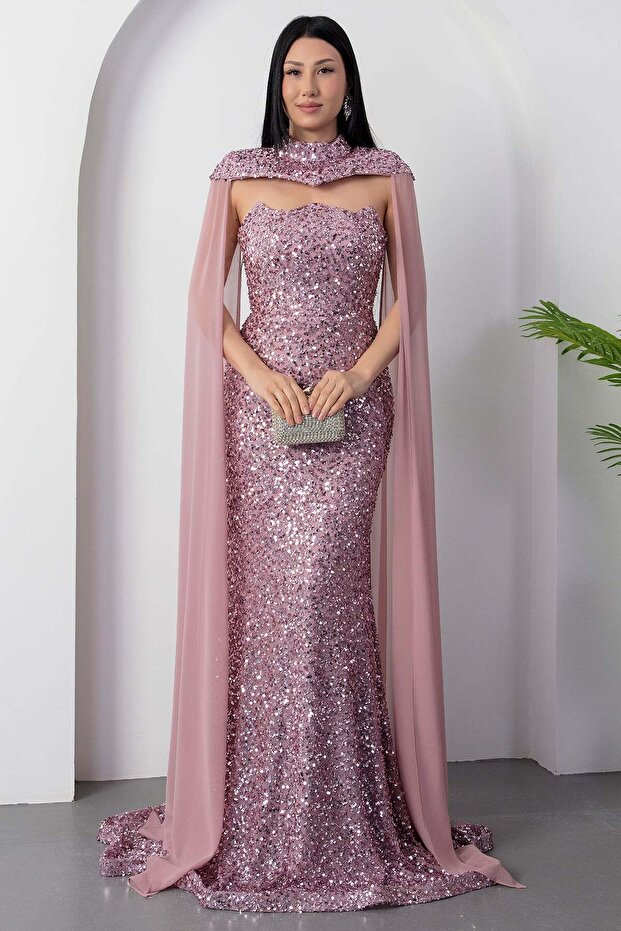 Bolerolu Straplez Yaka Pullu Tül Elbise DNS2053 - 1