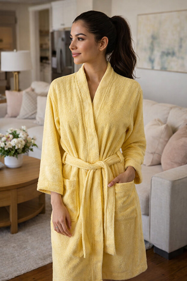 Straight Collar Long Women's Bathrobe | Soft Textured Belted Pajama Robe with Pockets