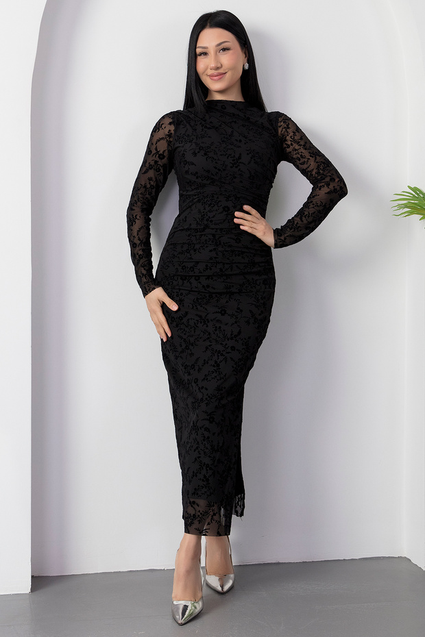 Dik Yaka Drapeli Flok Baskı Elbise DKS1392 - 6