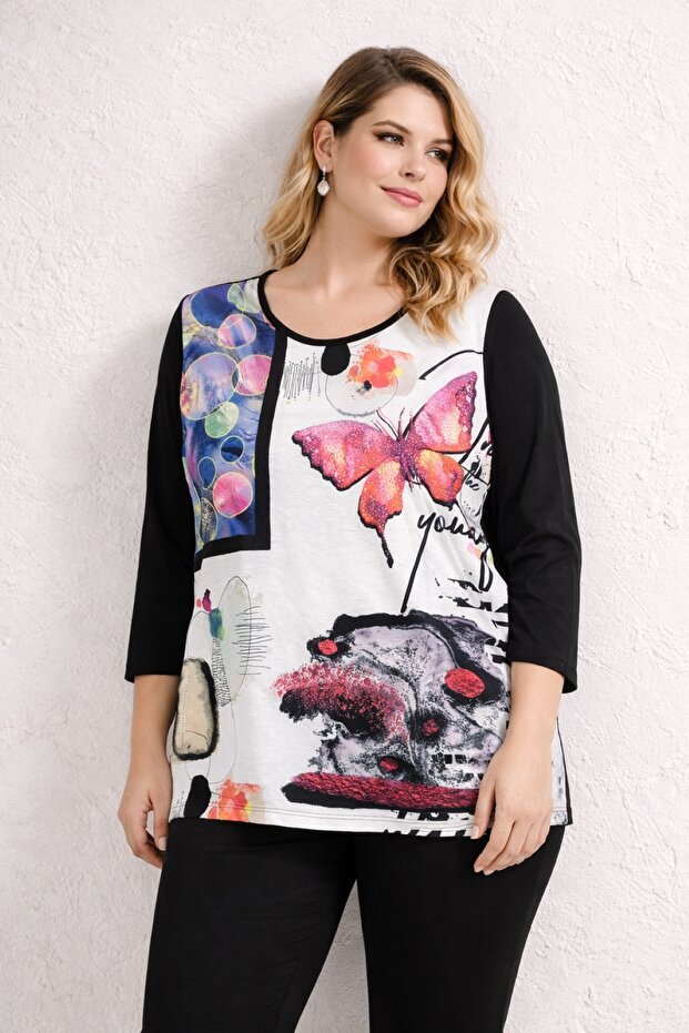 Women's Plus Size Black, Digital Print, Stone Detailed, Crew Neck Blouse 65N39362