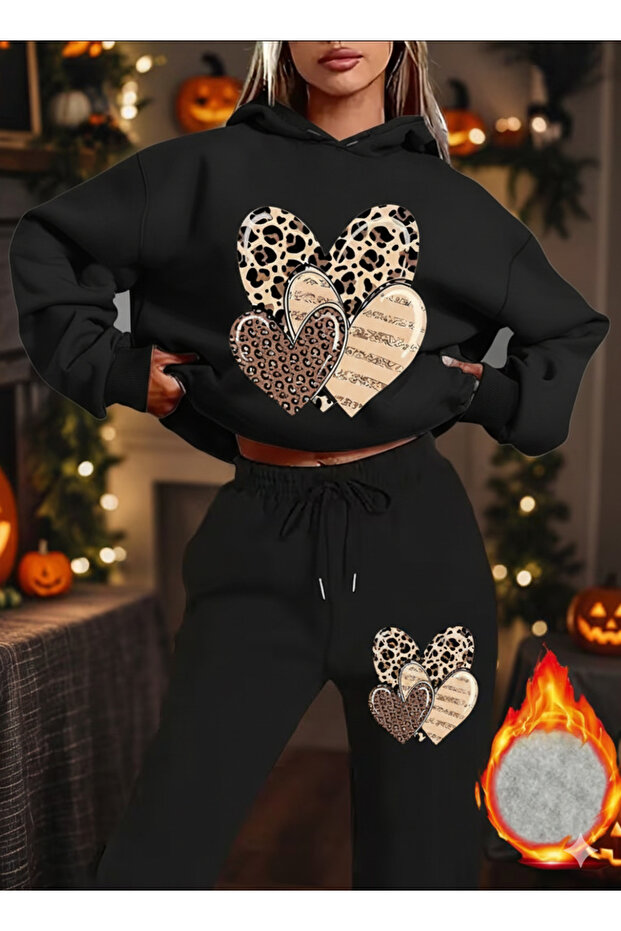 Women's 3-Pack Leo Heart Printed Hooded Top and Bottom Oversized Black/Gray Tracksuit Set