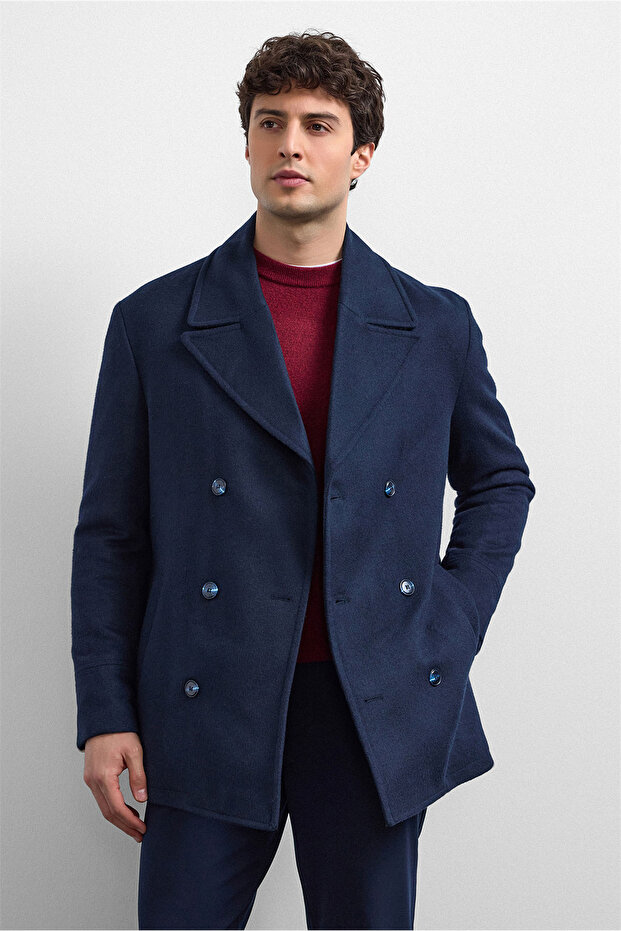 Navy Blue Regular Fit Double-Breasted Short Coat