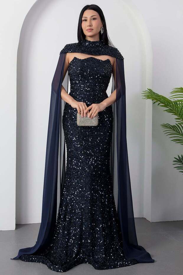 Bolerolu Straplez Yaka Pullu Tül Elbise DNS2053 - 1