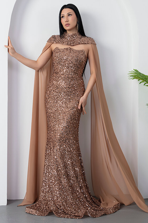 Bolerolu Straplez Yaka Pullu Tül Elbise DNS2053 - 6