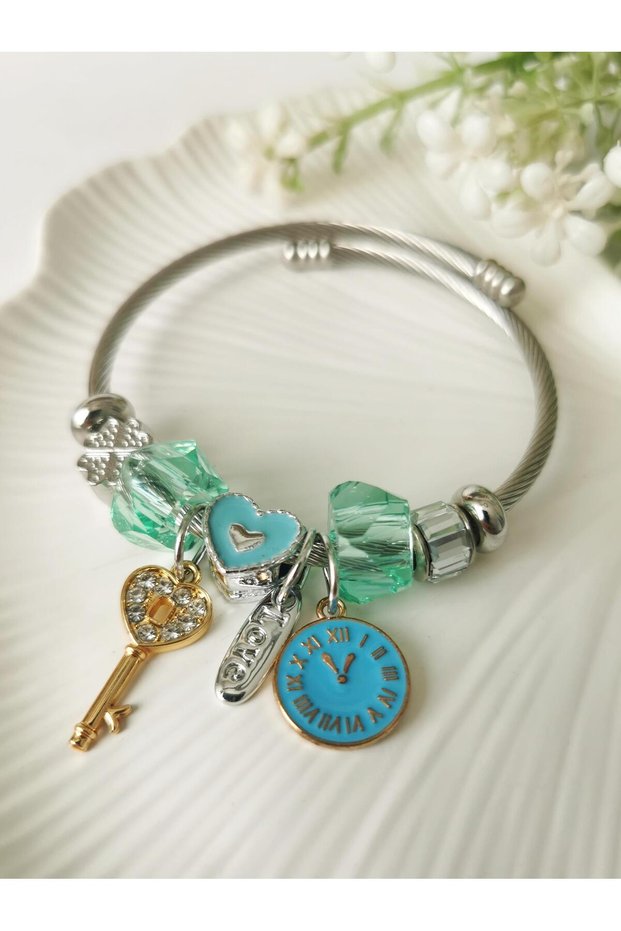 Steel green beaded lucky keychain model charm bracelet