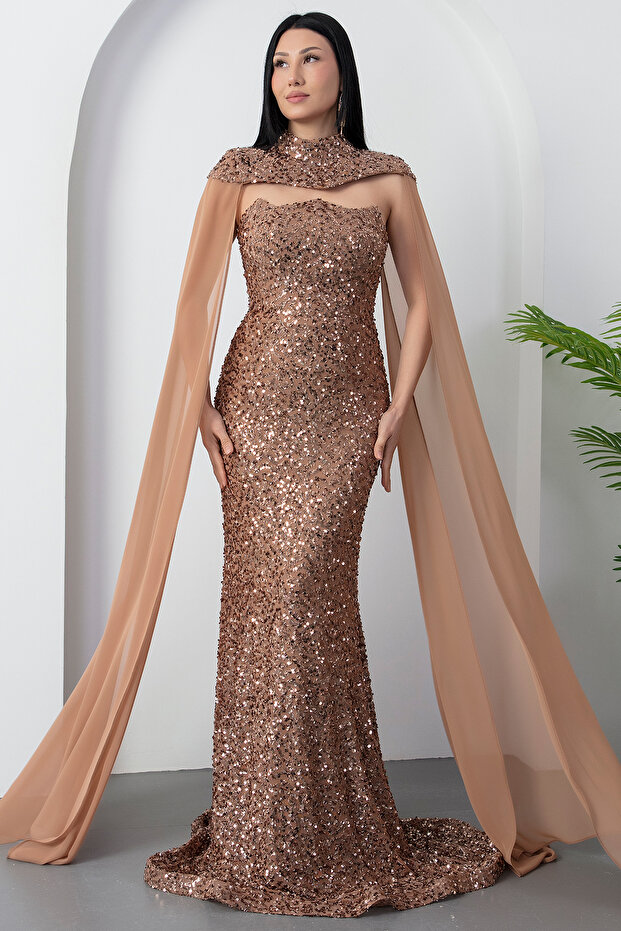 Bolerolu Straplez Yaka Pullu Tül Elbise DNS2053 - 4