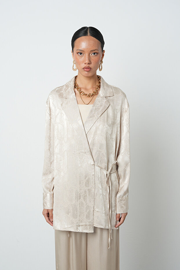 Women's Jacquard Textured Tied Viscose Beige Jacket