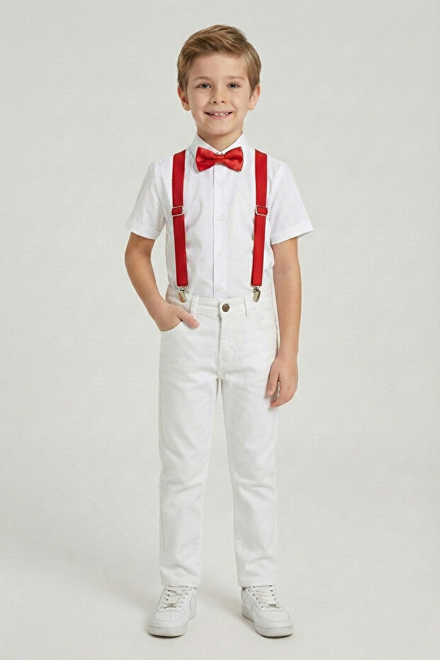 Boy's White Short Sleeve Shirt White Pants Red Suspender Bow Tie Set April 23 October 29