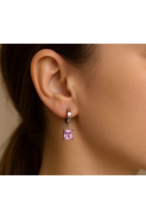 Pink Color Square Zircon Dangle Steel Hoop Earrings