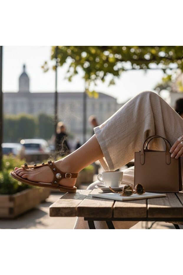 Tan Suede Genuine Leather Sandals with Stone and Trok Detail and Back Buckle