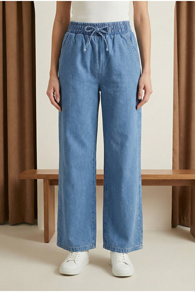 Elastic Waist Wide Leg Jeans - Blue