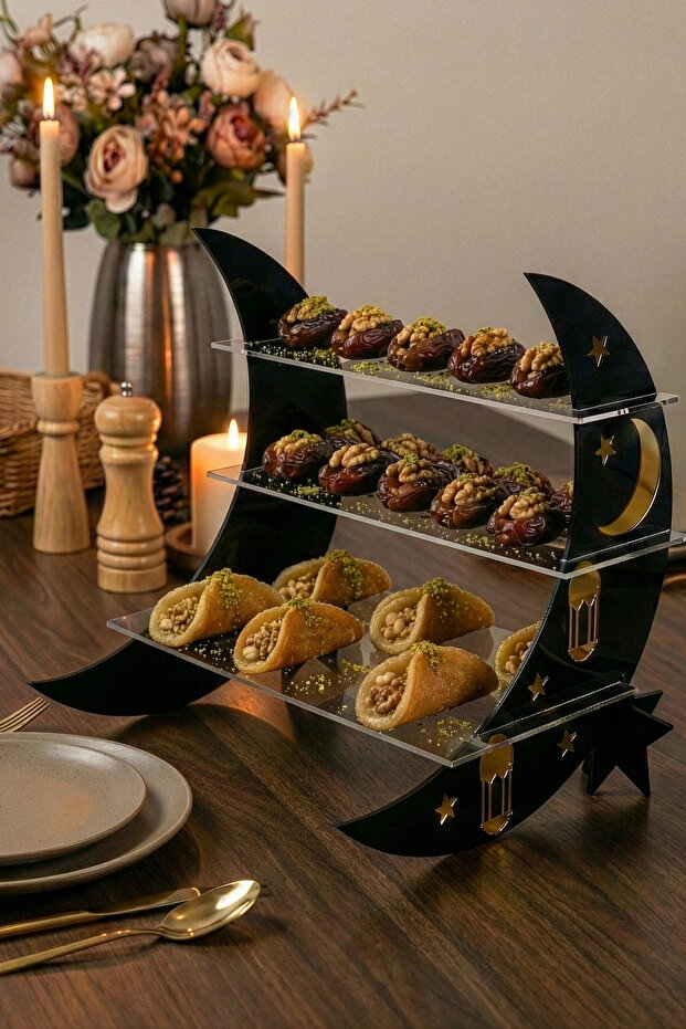 ديكور طاولة إفطار رمضان على شكل هلال مصنوع من الأكريليك، مناسب لتزيين المنزل أو المكتب بطابع إسلامي