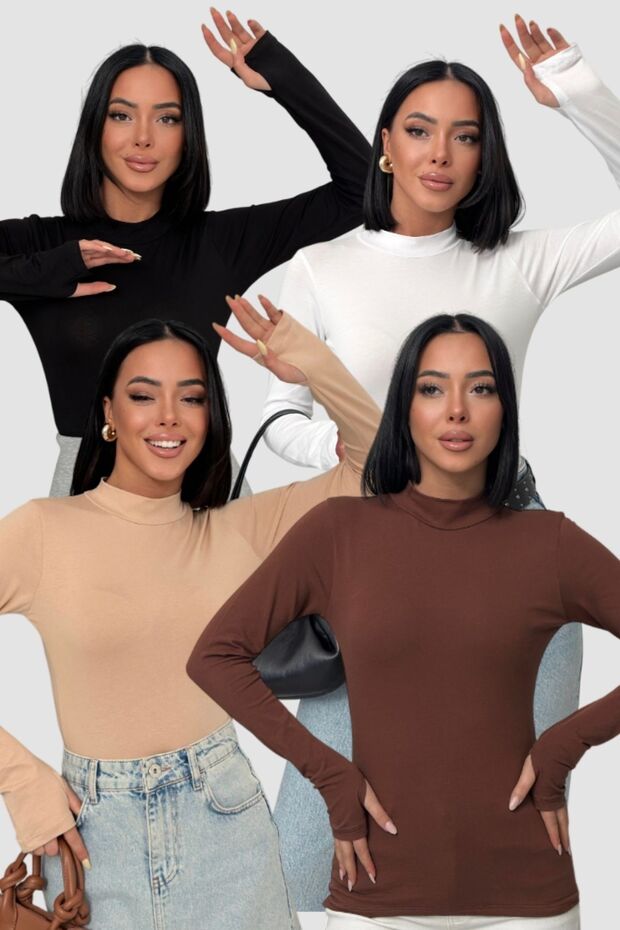 Women's Finger Detailed Bodysuit – Fisherman Long Sleeve Set of 4 | Flexible and Soft Fabric | 4 Pack