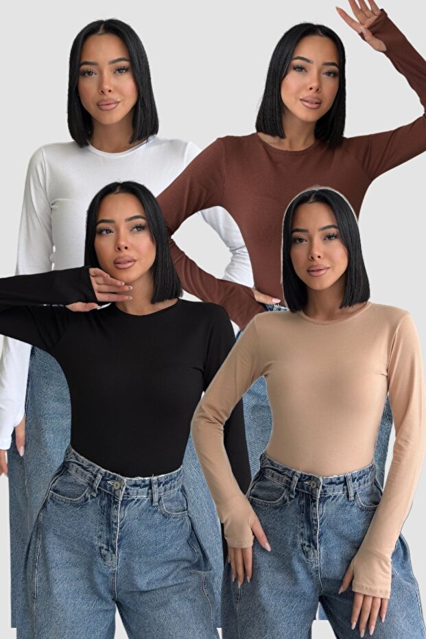 Women's Bitter Brown Cream Black White 4-Piece Finger Detailed Crew Neck Basic Bodysuit Flexible and Soft
