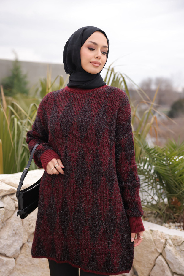 Burgundy Crew Neck Glittery Knit Sweater