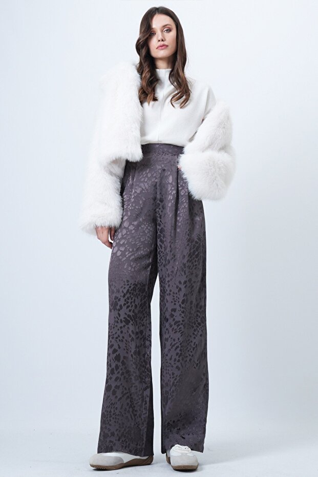 Anthracite Patterned Zipper Closure Double Pocket Palazzo Trousers Vs01510