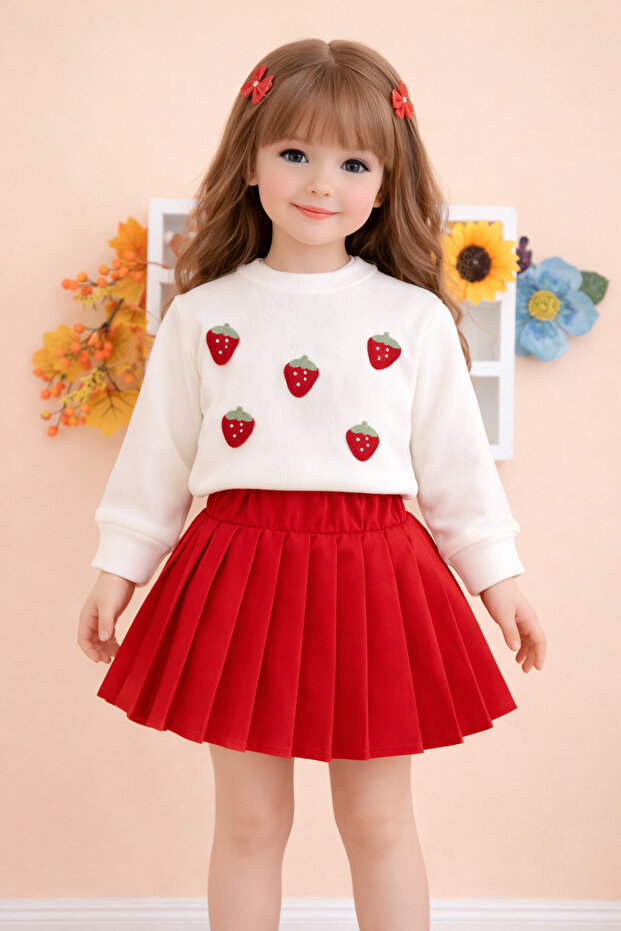 Girl's Pleated Skirt and Strawberry Embroidered Set