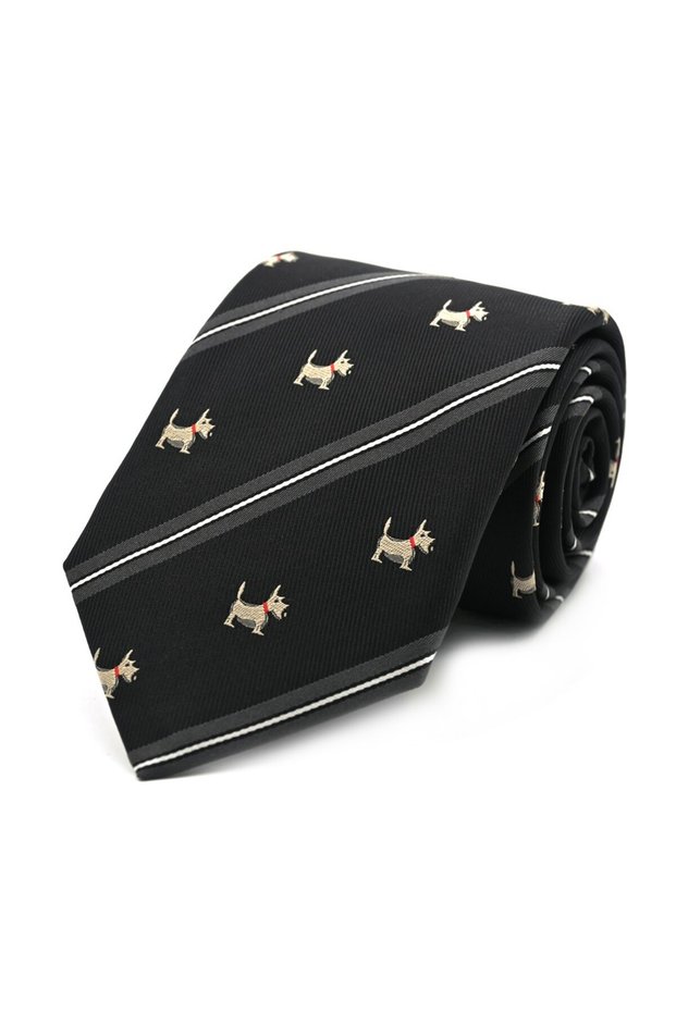 Black Beige White Special Woven Striped Dog Motif Tie 31549 Black