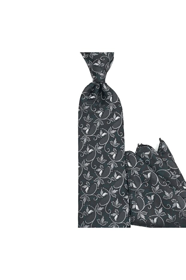Black Gray Floral Patterned Menedilli Tie 32409 Black