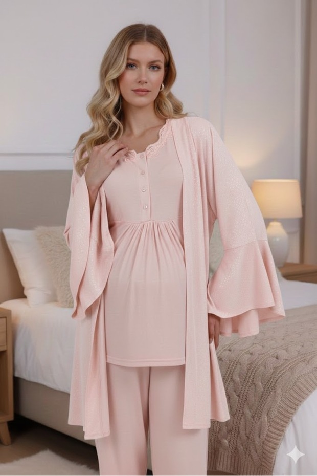 Women's Powder Pink Ruffled Sleeve Maternity 3-Piece Pajama Set