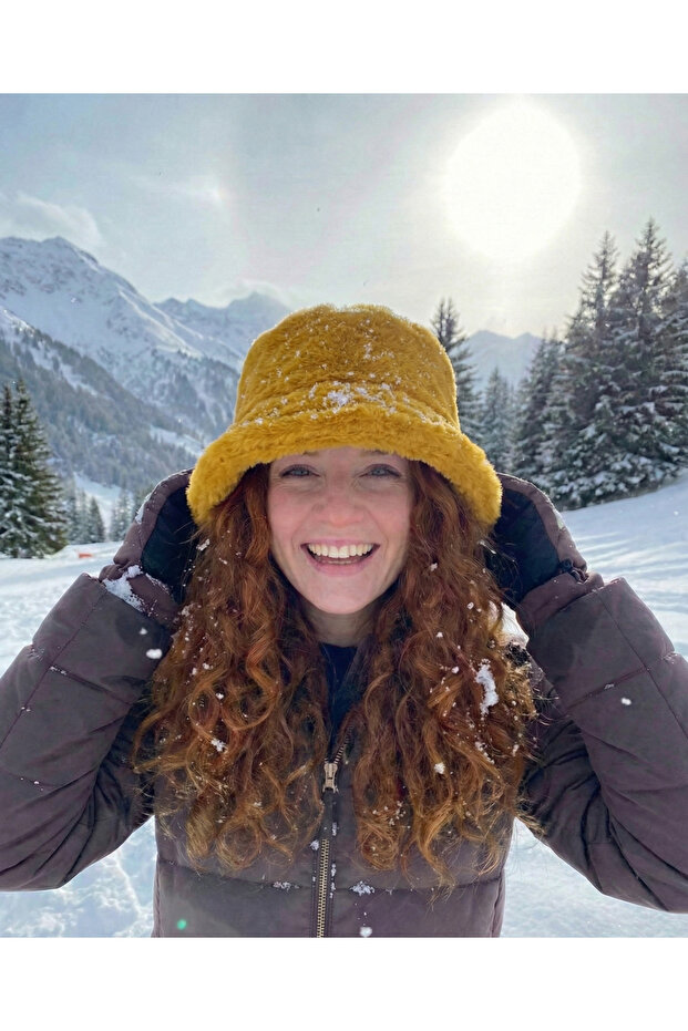 Women's White Plush Bucket Hat - Soft Furry Winter Fisherman Hat - Warm and Trendy Accessory