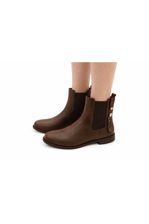 Women's Leather Round Toe Thick Flat Heel Boots