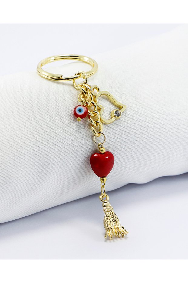 Red Glass Heart Gold Color Metal Keychain / Tiny Bag Ornament Valentine's Day
