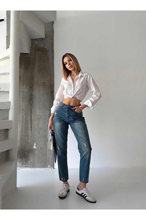High Waist Laser Ripped Mom Jeans