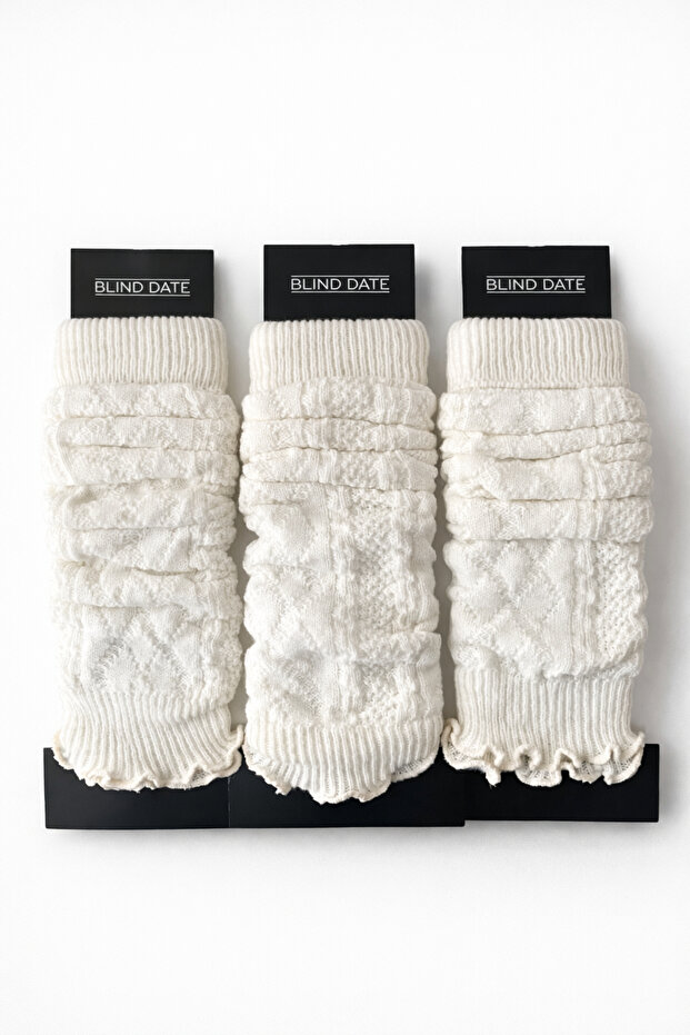 3-Piece White Women's Premium Knitted Patterned Aerobic Long Leggings Boot Socks