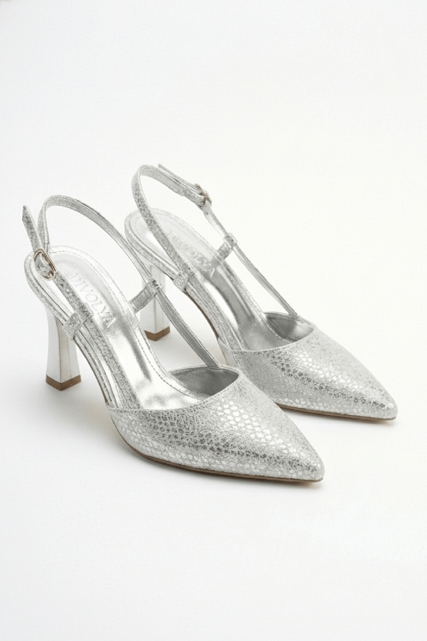 Sarim Silver Sequin Patterned Open Sided (9 cm Heel) Pointed Toe Heeled Shoes