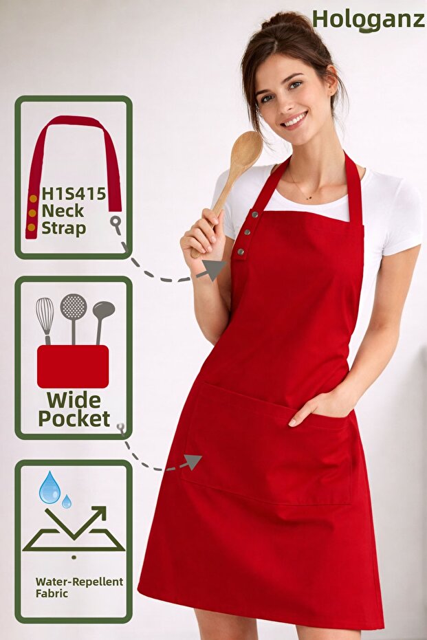 Kitchen Apron Stain Resistant Water Repellent Fabric Red Apron with Snap Fasteners and Neck Strap