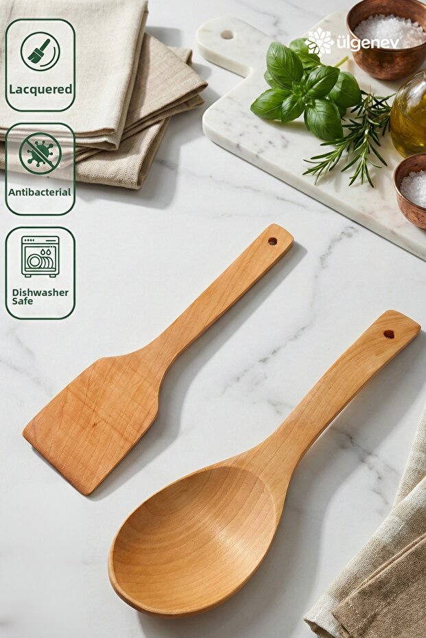 Set of 2 Bamboo Wooden Spoons, Rice Spoon, Serving Spoon and Spatula Wooden Kitchen Set, Dowry Box