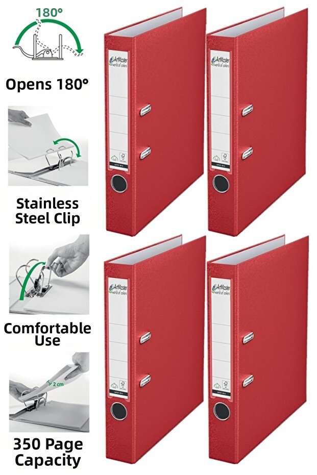 Office Folder Red Narrow 4 Pieces Plastic Narrow Red Folder with Ring Stainless Steel Clip Office Office