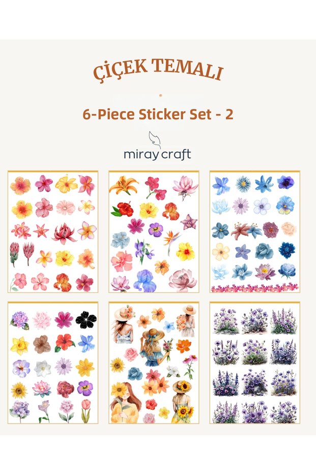 6 Sheets Floral Themed Sticker Set – 12X17 cm for Scrapbook, Bullet Journal, Planner