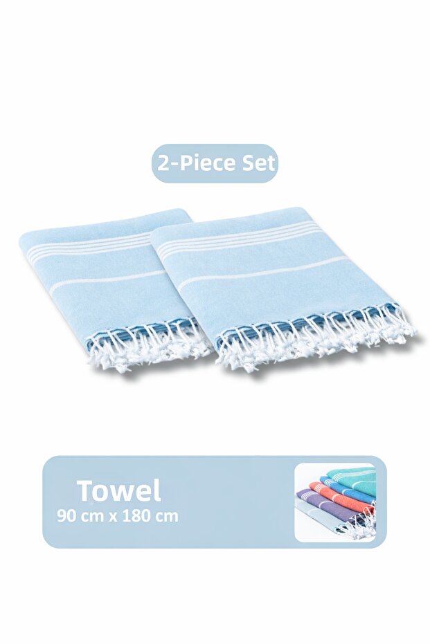 Buldan Peshtemal Set of 2 | 90X180 cm Bath Towel | Beach Towel | Camping & Hammam Towel - Light Blue