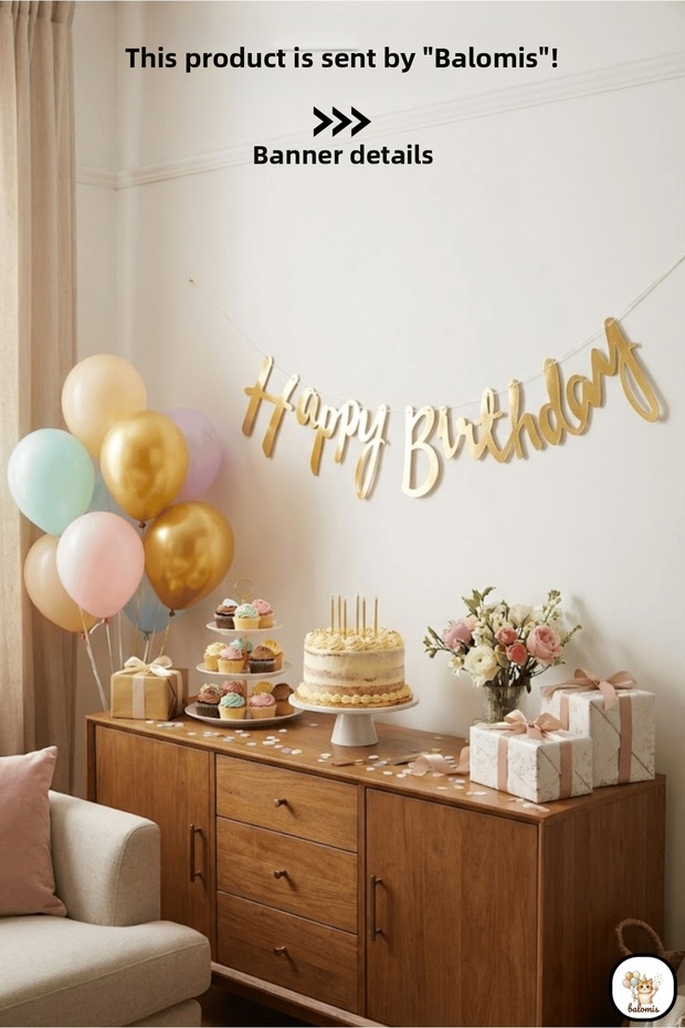 Calligraphy Gold Happy Birthday Banner 110 cm Birthday Wall Decoration