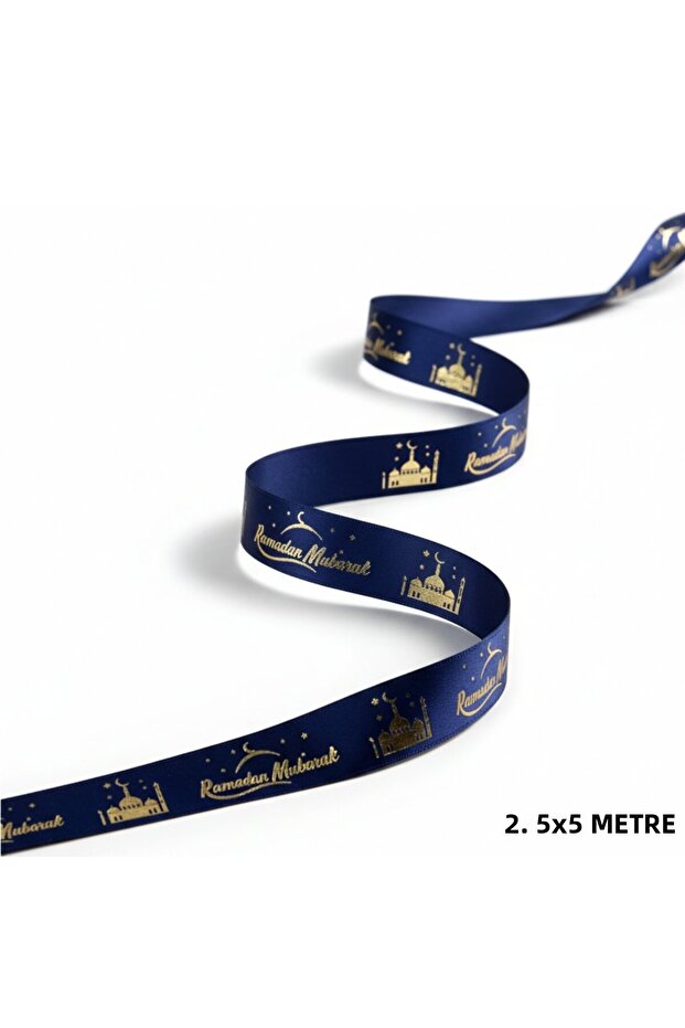 Ramadan Mubarak Written Gift Wrapping Ribbon, Navy Blue Satin Ribbon with Gold Foil, 2.5cm X 5m