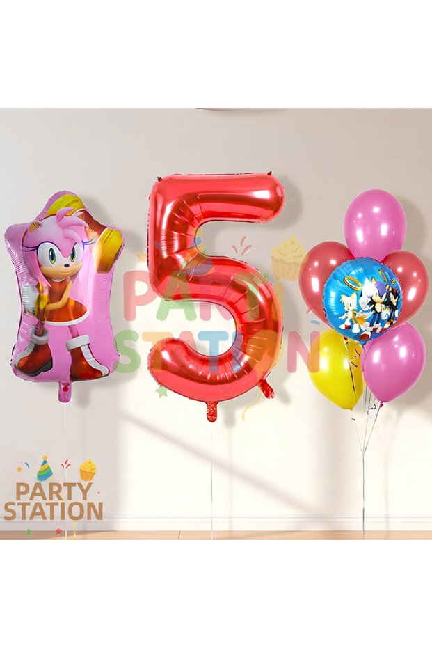 Sonic and Amy Themed 5Th Birthday Balloon Set 8 Pieces
