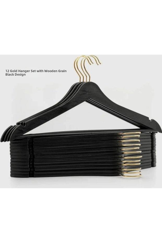 12 Pieces of Wood-Look Plastic Hangers with Yellow Hooks