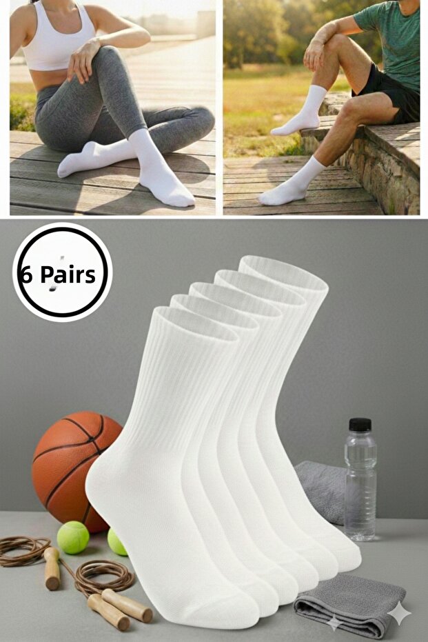 Pack of 6 Plain White Cotton Sports College Tennis Socks