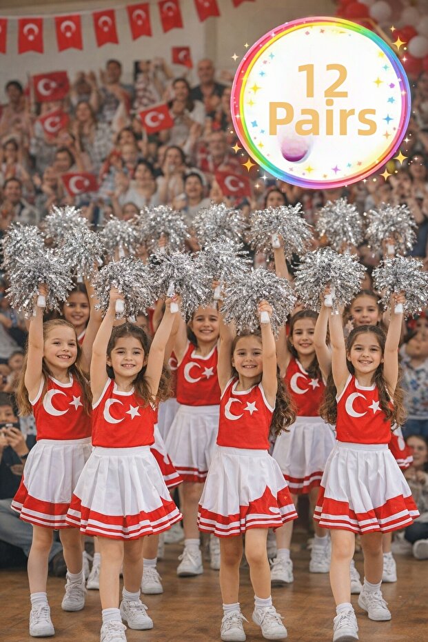 Ponpon Metallic Shiny Silver Cheerleading Pompoms with Sticks Durable Lightweight Cheer Pompoms 12 Pairs