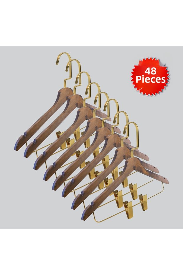 Wooden (Lama Gold Hook) Latch Shirt and Skirt Hanger Walnut Color 48 Pieces