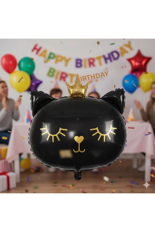 30 Inch Black Cat Head Foil Balloon with Crown - Birthday Party Decoration Balloon